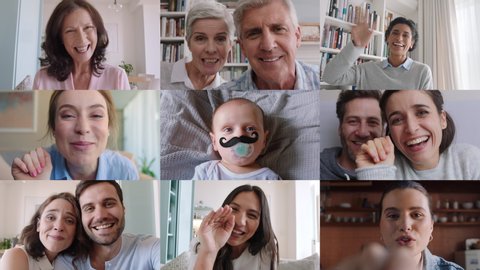group video chat family and friends waving at baby greeting newborn over internet connection faces of people chatting sharing happiness online