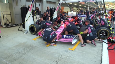 SOCHI, RUSSIA - 29 September 2019: Racing Point pit stop at Formula 1 Grand Prix of Russia 2019