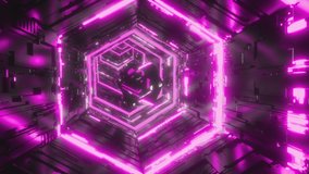 Abstract background video of a mirror gem flying in the vivid pink neon hexagon tunnel. Art, commercial and business concept. 3d rendering animation in 4K.