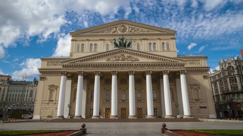 2020/04/29, Bolshoi Theatre and empty square without people, Moscow, Russia. Time laps