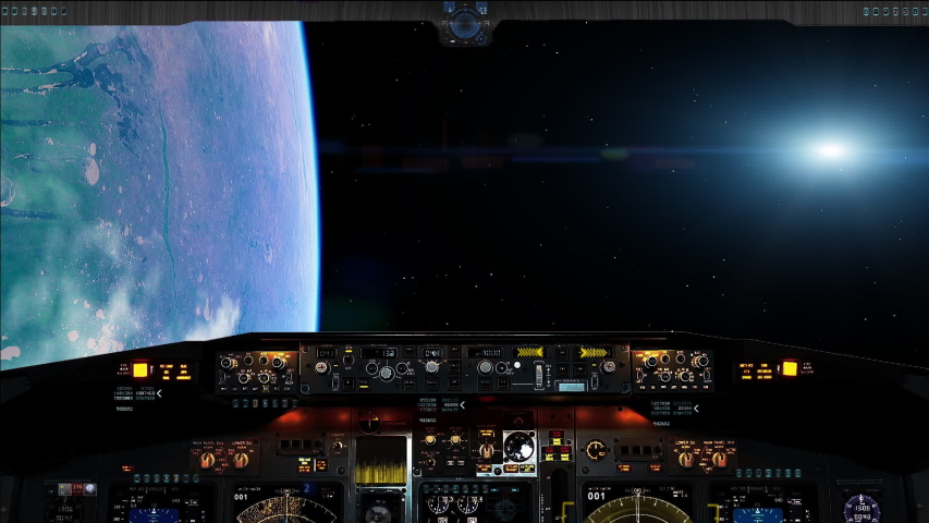 Space scenes viewed from cockpit of starcraft.