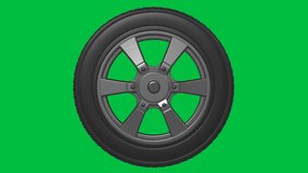 3d rendering black tire with black wheel isolated on green screen background