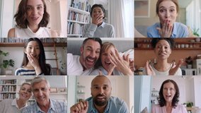 happy couple sharing engagement with friends and family on group video chat woman showing wedding ring sharing excitement over webcam during self isolation - Powered by Shutterstock - Get 15% off with code: PIKWIZARD15