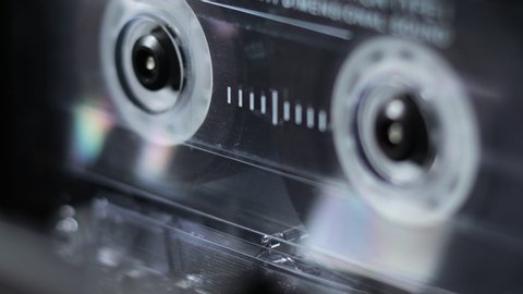 audio cassette playing, vintage cassette tape player close up