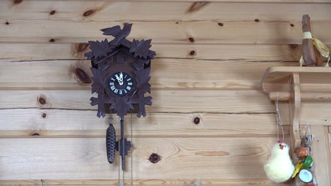 Traditional wood cuckoo clock with bird strikes sound 11 times at eleven o'clock. Watch hangs on wooden wall in mountain cabin accompanied with two Easter chickens - soft and wooden toys