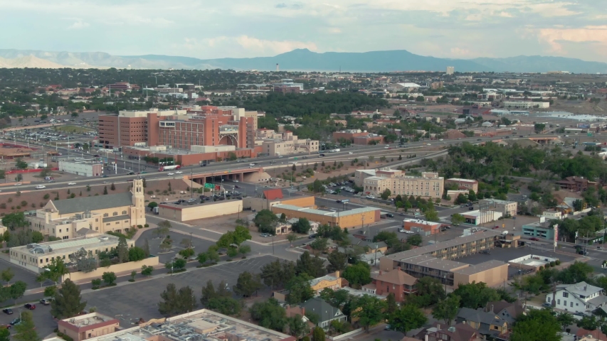 Albuquerque, New Mexico, USA. Aerial flying over the downtown CBD and freeway traffic 