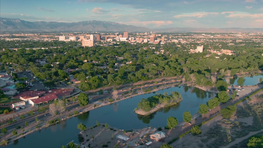 Albuquerque, New Mexico, USA. Aerial over Tingley Beach with a view to downtown 
