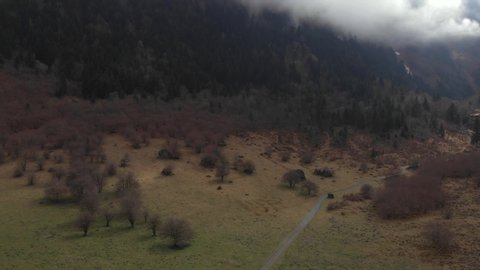 DRONE FOOTAGE - The upper Neste d'Oô valley widens in the Val d'Astau, just downstream from a chain of magnificent mountain lakes. Valley near Granges d'Astau in the French Pyrenees. 