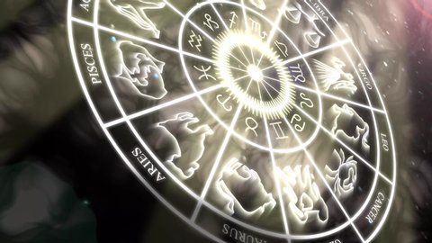 4K Zodiac horoscope wheel with star signs, symbols and icons. 3D horoscope wheel with glowing astrological symbols and icons slowly spinning against a magical background.