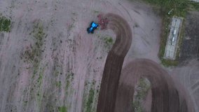 Aerial view of a truck driving at field. High quality footage, Ukraine