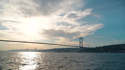 Istanbul, Turkey, SEP 31, 2018: Bosphorus Bridge at sunset connects Europe and Asia. far shot .Part3