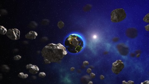 Sunrise in space above planet Earth. Realistic space animation with a rotating blue planet Earth with flying asteroids and meteorites. 4K 60fps.
