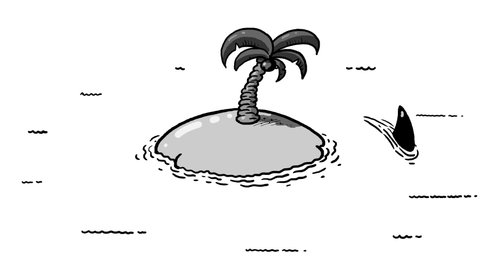 Shark swimming around the desert island. Cartoon seamless loop 2d whiteboard animation. Explainer, symbol, metaphor.