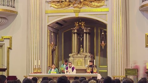 MADRID, SPAIN - DECAMBER 5 2017: preaching to young people in Royal Basilica of Our Lady of Atocha is church in central Madrid on Avenida de la Ciudad de Barcelona