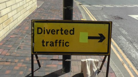 UK diverted traffic road sign. Highway code sign. Filmed Yorkshire, England, UK. 10/05/2020
