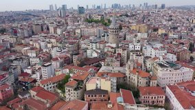 Aerial video of historical Galata Tower in Istanbul, Turkey