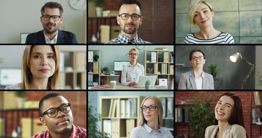Collage of different multiethnic people in cabinets. Multiscreen on happy man and woman talking to camera while sitting at office. Cheerful male and female employees smiling indoor. People concept. | Shutterstock HD Video #1052178952