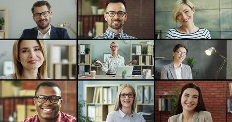 Collage of different multiethnic people in cabinets. Multiscreen on happy man and woman talking to camera while sitting at office. Cheerful male and female employees smiling indoor. People concept.