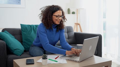 Video about tele working concept, black woman home office portrait