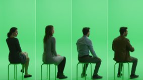 4-in-1 Green Screen Collage: Two Men and Two Women Sitting on the Chroma Key Chair. Side View Full Split Screen Shot. Conference, Audience Concept. Multiple Clips Best Value Package