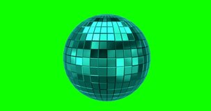 Looping animation of blue metallic disco ball rotating on white background with green screen or chroma key background. polygonal sphere 3D Rendering