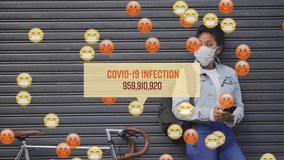 Animation of Covid-19 Infection number rising, emojis floating over a woman standing on a street, using a smartphone. Global pandemic coronavirus Covid 19 outbreak concept digitally generated. - Powered by Shutterstock - Get 15% off with code: PIKWIZARD15