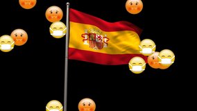 Animation of emojis floating with a Spanish flag waving on black background. Global pandemic coronavirus Covid 19 outbreak concept digitally generated. - Powered by Shutterstock - Get 15% off with code: PIKWIZARD15