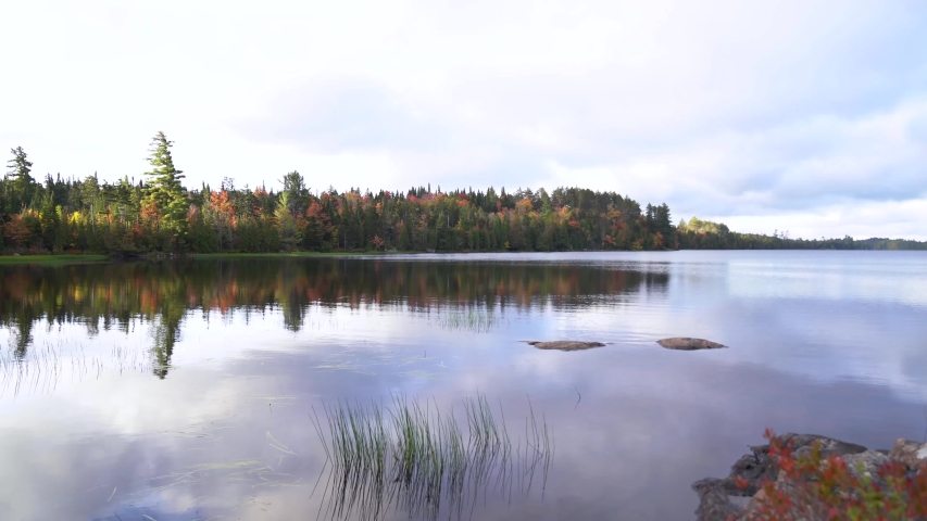Dawn gives a blue hue across the reflecting shore and islands of Lake Lila in Adirondack Park (New York).