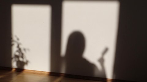 Shadow of woman combing her long straight hair is seen from the window with houseplant