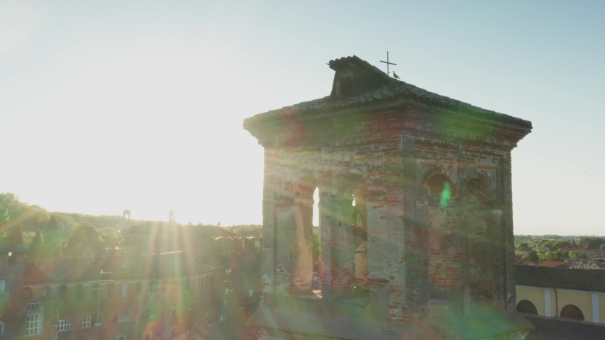 DRONE 4k High Quality - Italian Bell Tower sunset sunny day holy man hills country landscape
