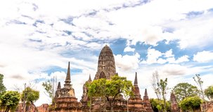 Time lapse video Clouds moving, forming lump, blue sky on a clear blue day, over the old pagoda in Ayutthaya province of Thailand