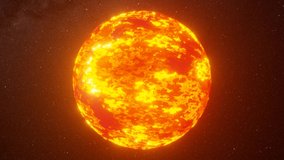 Sun surface with solar flares. The Sun spinning in space against 3D star background. Elements of this clip furnished by NASA. Seamless loop 3d animation