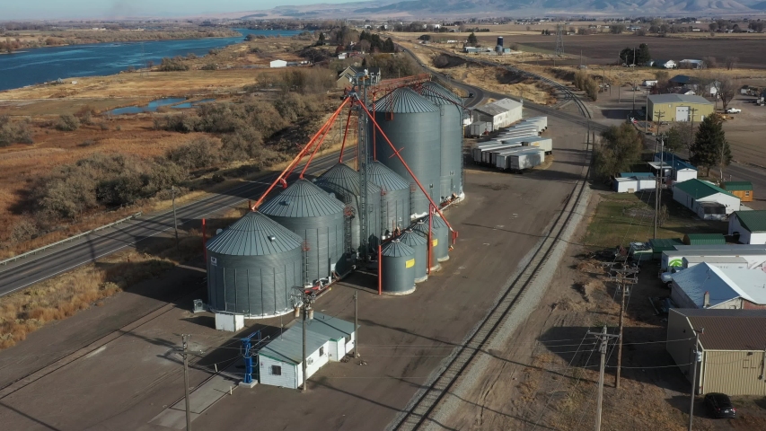 Drone shot of a grain silo on a warm sunny day