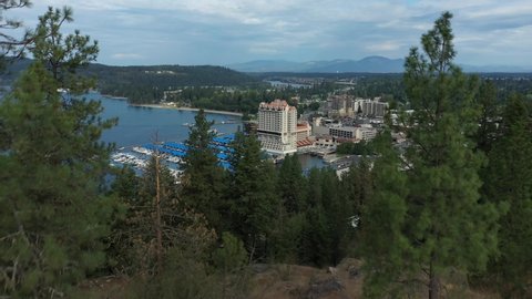 Flying through the trees over Tubbs Hill to a beautiful view of the Coeur d'Alene Resort and downtown CDA.