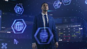 Augmented Virtual Reality Concept: Businessman in 3D World Surrounded by e-Business, e-Commerce, Stock Market, Infographics, Finance, Analysis, Charts, Graphs Icons. 360 Degree Tracking Arc Shot - Powered by Shutterstock - Get 15% off with code: PIKWIZARD15