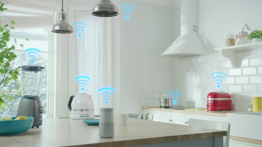 Internet of Things Concept: Modern Stylish White Kitchen full of High-Tech Kitchen Appliances with IOT, Wireless Logo Over Them. Digitalization, Visualization of Connected Home Electronics Devices | Shutterstock HD Video #1052199007