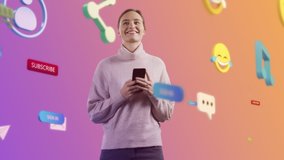 Virtual Reality Concept: Young Woman Uses Smartphone in 3D Internet World. Smiley Faces, e-Commerce, e-Business, e-Shopping, Subscribe, Cloud Service, Buttons, Icons. 360 Degree Tracking Arc - Powered by Shutterstock - Get 15% off with code: PIKWIZARD15