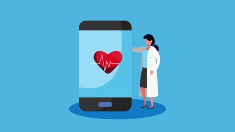 online health technology with smartphone and doctor ,4k video animated