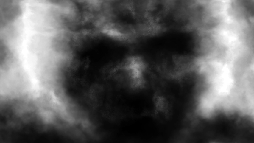 Dark silhouette of seated demon made of smoke. 2D animation in genre of horror fantasy with coal and noise effect. Black and white abstract background. Animated 4K video clip nightmare for Halloween. Royalty-Free Stock Footage #1052202637