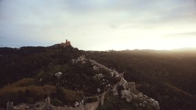 Castelo dos Mouros and Palacio da Pena Sunset Drone Video filming the two emblematic monuments of Sintra, Portugal