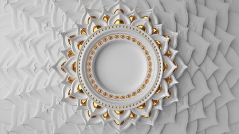 3d abstract white gold decorative asian background, animated blank round frame with copy space, seamless animation of mandala design