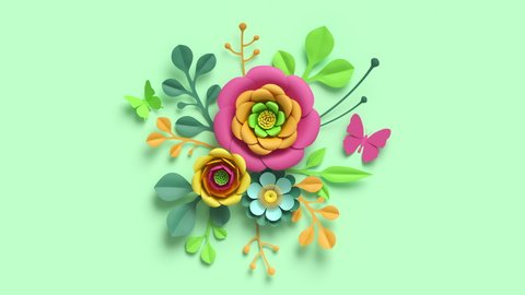 Festive botanical background. Colorful paper flowers and green leaves growing, appearing on pastel mint background. Decorative floral arrangement, round bouquet diy craft project