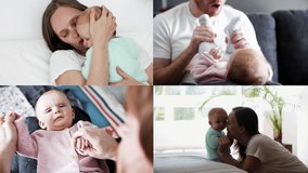 New parents soothing little daughter, kissing baby, playing with arms and legs. Multiscreen montage, collage portraits. Child care or parenthood concept