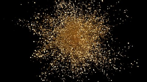 Great Stylish Bright Explosion Glitter with Flickering. Colourful Elegant Confetti Burst on Black Background. Slow Motion Animation Golden Explode Sparkle Particles. Beautiful Cg Explosion Close up 4k