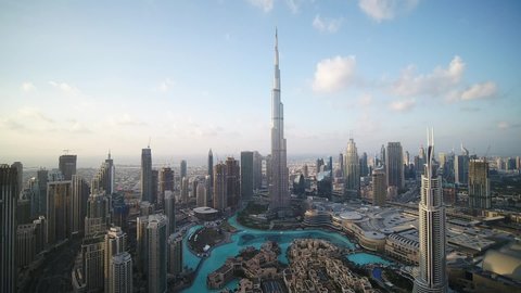 Dubai, United Arab Emirates - 12/31/2019 : Extreme wide shot of Burj Khalifa on the day of New year, with beautiful cityscape, drone shot. 