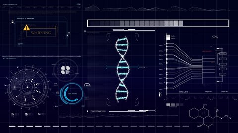 Futuristic Human DNA Scan animation. Medical hi-tech data monitor. Blinking and switching digital indicators 