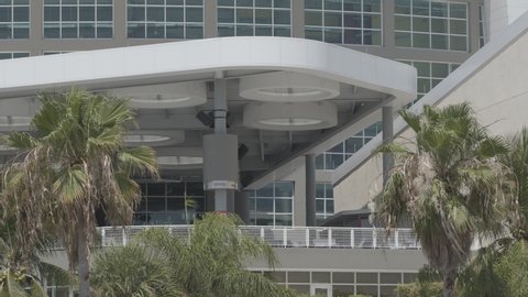 MIAMI, FL, USA - MAY 9, 2020: 6k raw Miami closeup detail of the American Airlines Arena with palm trees shot on blackmagic camera FTX Arena