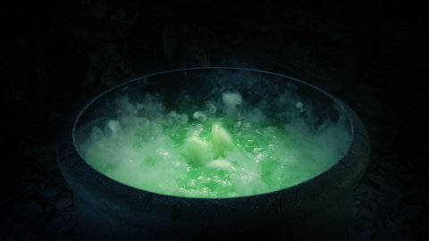Witch Adds Newt To Green Mixture In Cauldron
