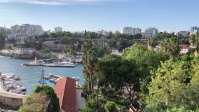 Full HD panoramic video of ancient yacht port marina in old town of Antalya Kaleici Turkey
