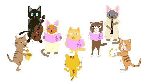 Cat concert. A cat is playing an instrument and singing.